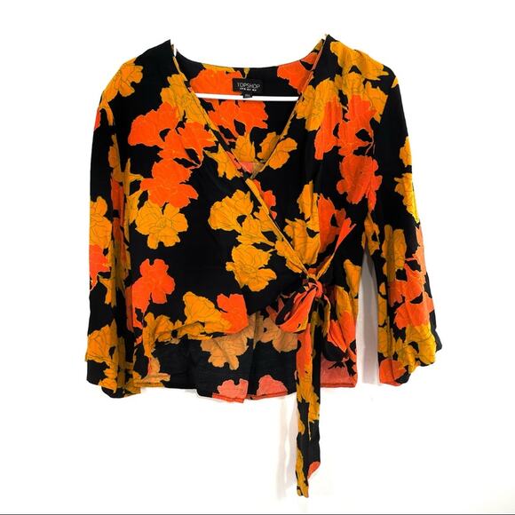 TopShop Black Orange Mustard 70s Floral Surplice Half Sleeve Wrap Top 4 Small - Picture 2 of 8